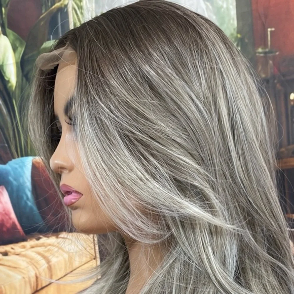 center lace grey white mixed layered wig